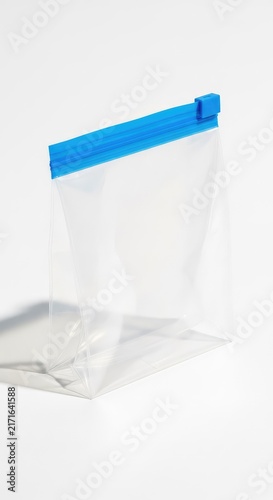 A single transparent plastic sandwich bag features a bright blue airtight zipper seal at the top, isolated against a plain white surface, clear, zipper, reusable