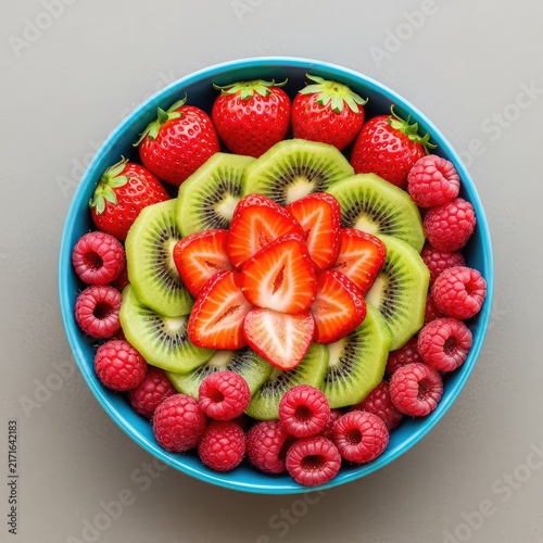 A vibrant blue ceramic bowl filled with fresh sliced strawberries, bright green kiwi rounds, and ripe red raspberries on a neutral surface, kitchen, blue, breakfast