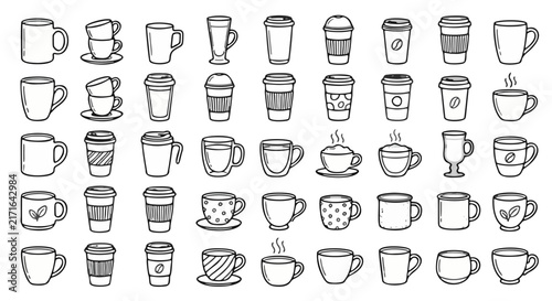 Hand drawn coffee cup icons, set of 45 doodle mug vectors, black and white cafe drink symbols for menu design