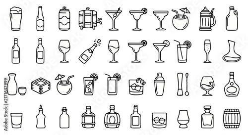 Minimalist alcohol beverage icons, 40 outline drink symbols, cocktail and liquor bottle vector set for bar menus and signage
