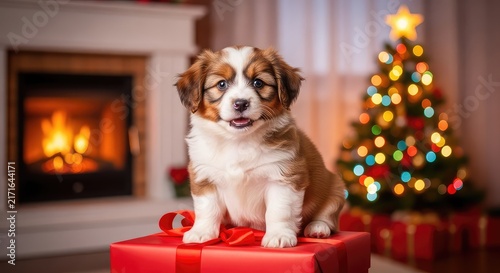 Adorable brown and white puppy sits happily on a gift box with a red ribbon in a cozy room with a fireplace and a glowing Christmas tree, decorations, pet, cute
