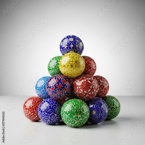 An elegant stack of decorative patterned spheres forms a precise pyramid, showcased on a minimalist light grey surface for a modern look, sophisticated, visual, shapes
