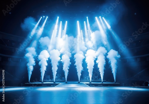 An empty concert stage illuminated by vibrant blue spotlights cutting through thick white smoke and hazy mist in a dark, silent arena, theater, mist, empty