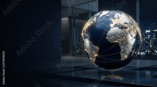 Global business network, elegant platinum globe constructed from thousands of precise metallic nodes and subtle golden connection lines,