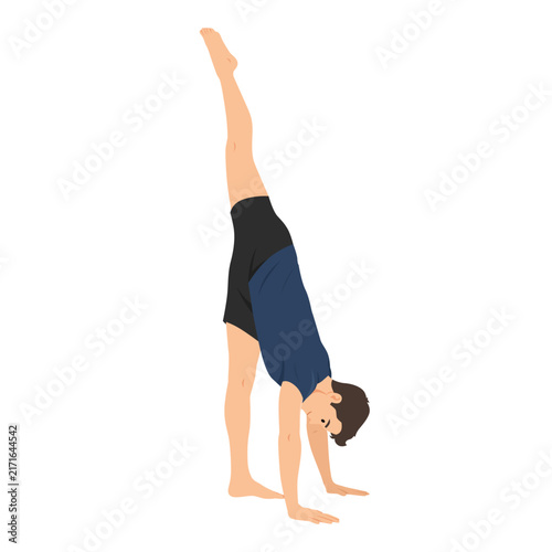 Man Performing Standing splits or Urdhva Prasarita Eka Padasana yoga pose. Flat vector illustration isolated on white background