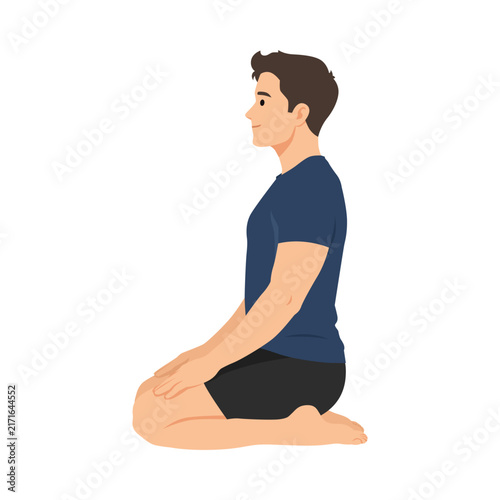 Man Performing Virasana Hero Pose in Seated Yoga Position. Flat vector illustration isolated on white background