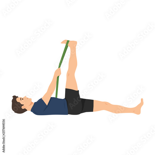 Man Performing Reclining Hand-to-Big-Toe Pose or Supta Padangusthasana. Flat vector illustration isolated on white background
