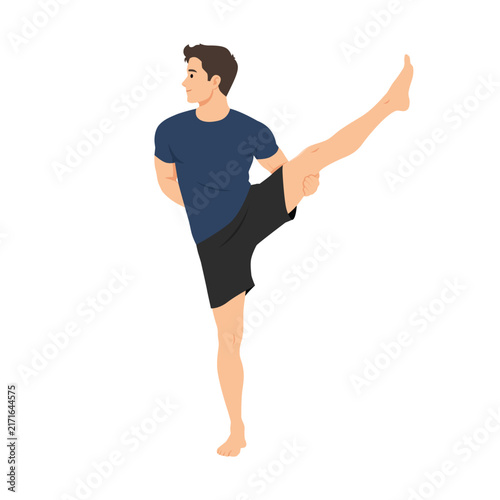 Man Performing Svarga Dvijasana, or Bird of Paradise. Flat vector illustration isolated on white background