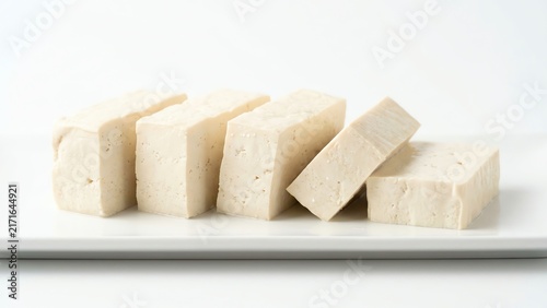 Fresh sliced raw white tofu blocks on a plate