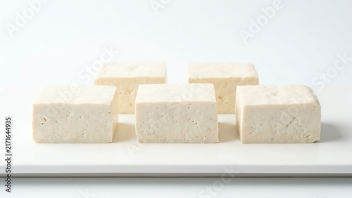 Fresh blocks of raw white tofu arranged on a minimalist background