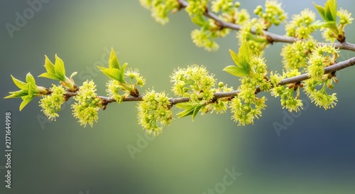 Detailed view of delicate elm tree branches featuring small blooming flowers in early spring, used for creating natural herbal essences, plant, medicine, ulmus