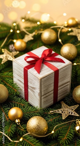 Festive holiday background featuring a rustic wooden gift box surrounded by pine branches, golden ornaments, and warm glowing fairy lights, fir, gift, celebration