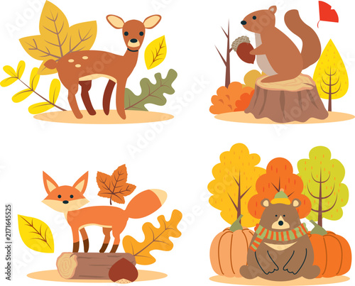 Obraz w ramie 秋の動物と紅葉の手描風イラスト