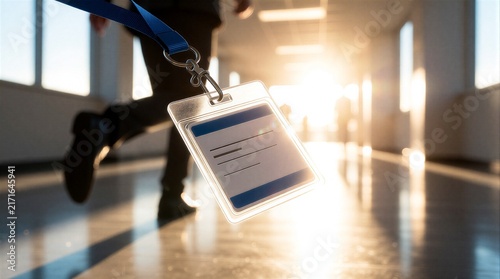 Close up of a corporate identity badge worn by a person walking through a bright office corridor.