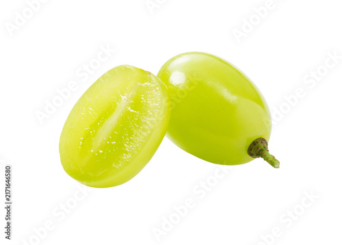 Grains of shine muscat grapes and cut shine muscat grapes on a white background.
