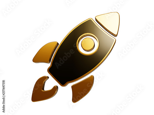 Shiny gold and black rocket icon in diagonal orientation designed for start up launch and business growth ideas.