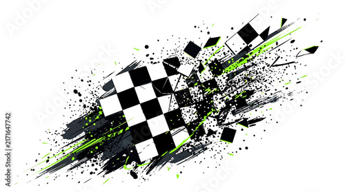 Dynamic checkered flag with grunge paint splatters and vibrant green streaks.