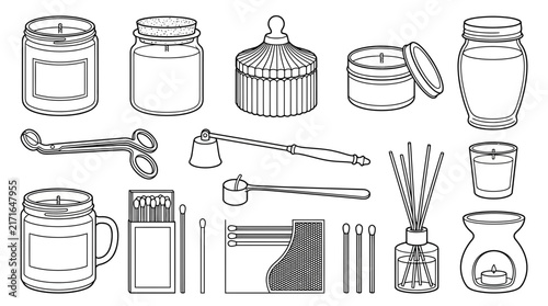 Collection of line art illustrations of various candles and accessories for home decor and aromatherapy.