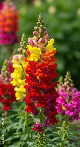 Vibrant snapdragons bloom with tall, colorful flower spikes under the bright summer sun in a lush green garden setting with soft bokeh, spike, vibrant, green