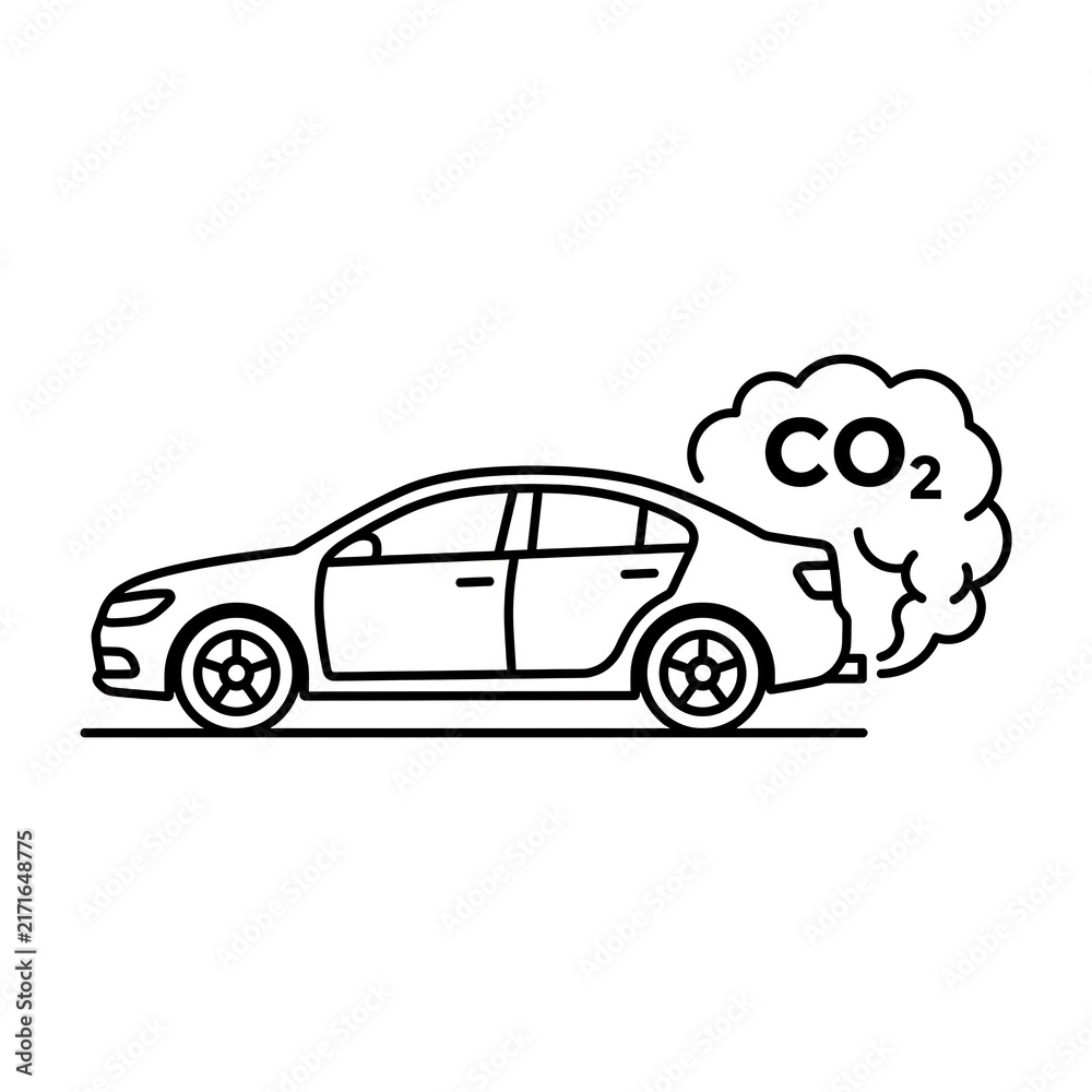 Obraz premium Car emitting CO2 exhaust fumes and carbon pollution icon line style
