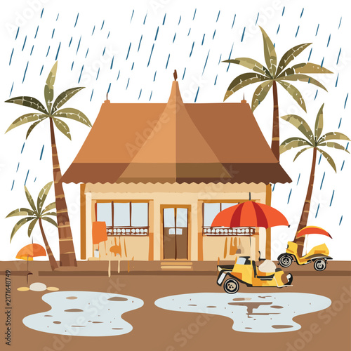 Bungalow stands in the rain with parked scooters.