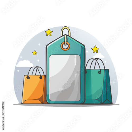 Price tag hangs between two colorful shopping bags.