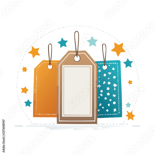Price tags hang in a neat row for retail sales.