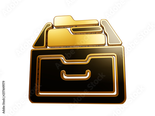 Golden filing cabinet drawer with folders depicting archive storage corporate management and data organization.