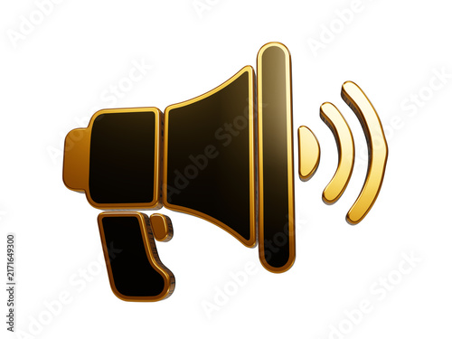 Gold and black megaphone with sound waves in 3d render for announcements marketing or alerts.