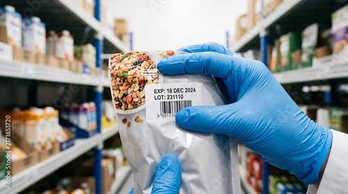 Close-up of a quality control worker in blue gloves inspecting the printed expiration date and barcode label on a packaged food product in a warehouse.