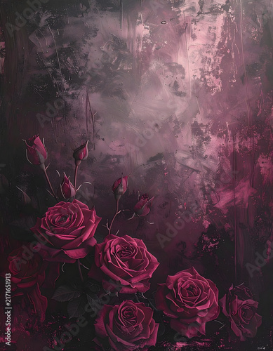 Burgundy roses emerging from shadow onto a dark grunge background creating a dramatic romantic mood generative AI