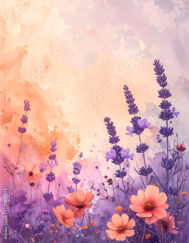 Watercolor wildflowers dissolving into grunge splashes creating an airy mood with painted texture generative AI