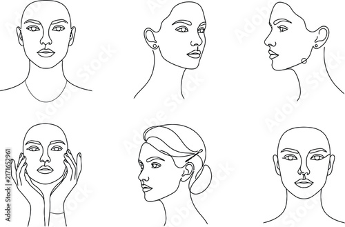 Collection of six black and white line portraits of women showing different angles and facial poses including hands touching the face