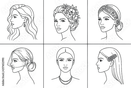 Set of six female portraits featuring various hair accessories including floral crowns, headbands, veils, and hair clips in line style