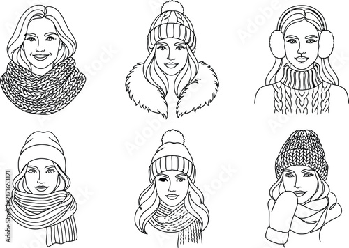Set of six black and white line portraits of women wearing winter clothing including knit hats, scarves, earmuffs, and faux fur collars