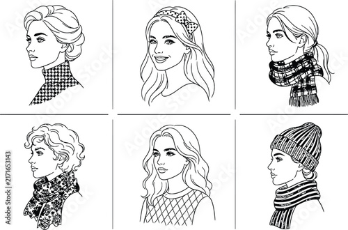 Set of six black and white line portraits of women with different hairstyles, wearing winter accessories like scarves, hats, and headbands
