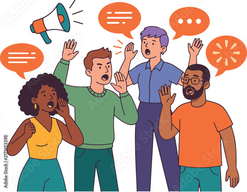 A flat-style vector illustration of a diverse group of four people raising their hands and speaking loudly together, surrounded by colorful orange speech bubbles and a teal-orange megaphone with sound