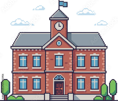 A pixel art style vector illustration of a red brick town hall building with a central clock tower topped with a flag, symmetrical windows with white frames, a grey pitched roof, front entrance steps 
