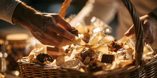 Gift basket assembly with artisan products during the evening