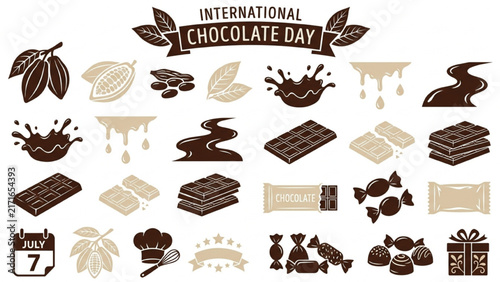 International Chocolate Day Silhouette Icon Sheet Vector Set with Cocoa Pods, Melted Chocolate, Slabs and Candy Wrappers on Isolated White Background