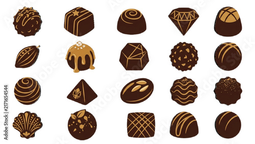 Gourmet Truffles and Pralines Silhouette Icon Sheet Vector Set with Drizzled Chocolate and Assorted Shapes on Isolated Plain White Background