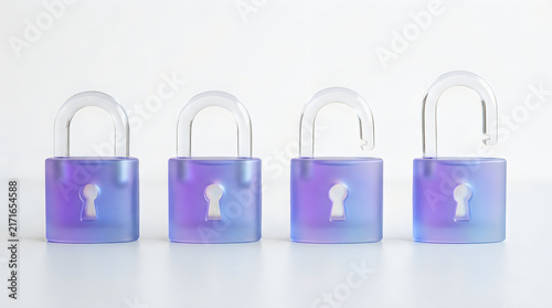 Four purple frosted glass padlocks with one open shackle concept