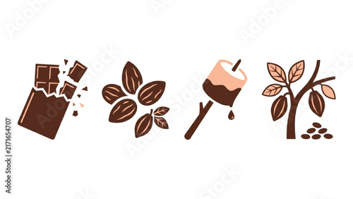Chocolate Breaking into Pieces Silhouette Icon Sheet Vector Set with Cocoa Beans and Dipped Marshmallows on Isolated Plain White Background