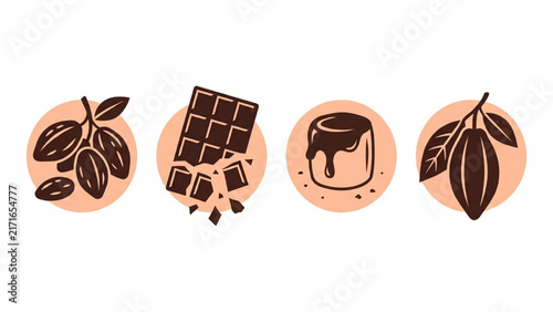 Chocolate Breaking into Pieces Silhouette Icon Sheet Vector Set with Cocoa Beans and Dipped Marshmallows on Isolated Plain White Background