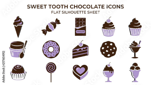 Chocolate Ice Cream and Dessert Silhouette Icon Sheet Vector Set with Chocolate Soufflé, Wrapped Candy and Treats on Isolated White Background