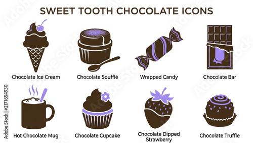 Chocolate Ice Cream and Dessert Silhouette Icon Sheet Vector Set with Chocolate Soufflé, Wrapped Candy and Treats on Isolated White Background
