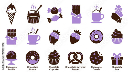 Chocolate Ice Cream and Dessert Silhouette Icon Sheet Vector Set with Chocolate Soufflé, Wrapped Candy and Treats on Isolated White Background