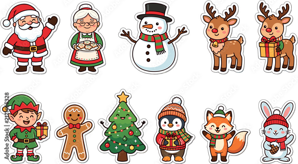 Fototapeta premium Cute Christmas cartoon character stickers vector set with Santa Mrs Claus snowman reindeer elf gingerbread tree penguin fox and rabbit