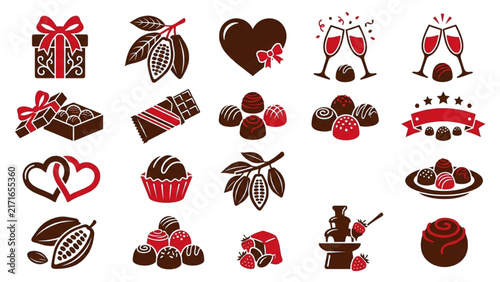 Chocolate Celebration Silhouette Icon Sheet Vector Set with Gift Box, Chocolate Heart and Cocoa Branch on Isolated Plain White Background