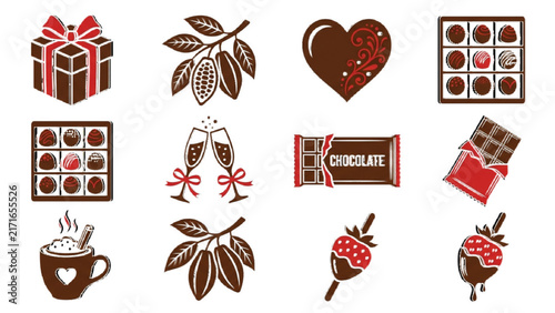 Chocolate Celebration Silhouette Icon Sheet Vector Set with Gift Box, Chocolate Heart and Cocoa Branch on Isolated Plain White Background